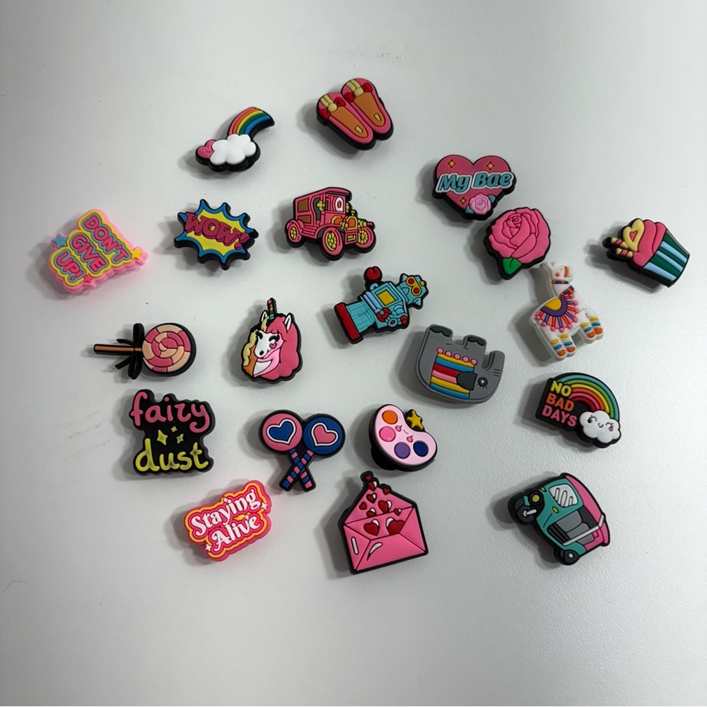 Fun Girly Colorful Shoe Charms Set (20pc) Unicorn Llama Hearts Cupcake